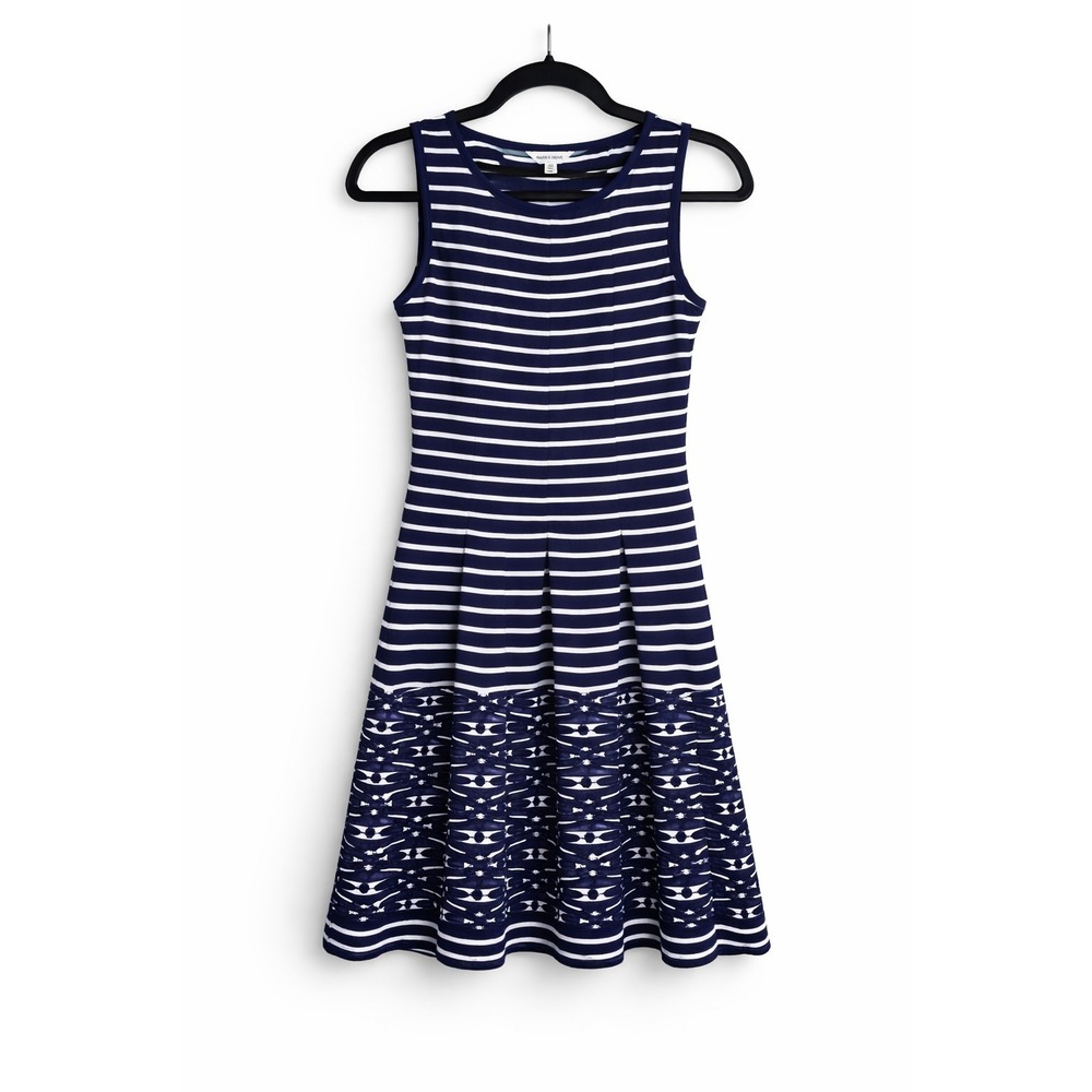 Max Studio M Navy White Stripe Sleeveless Dress Stretch Knit Casual Skater